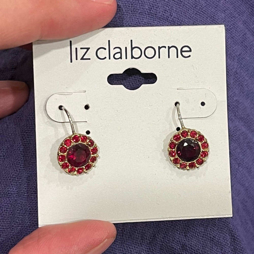 Liz Claiborne NWT Ruby Red Jeweled Wire Earrings Gold Tone